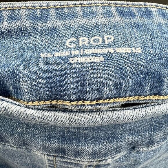 Chico’s Embroidered Cropped Pull Up Blue Jeans with Pink Floral Accents - Picture 6 of 6